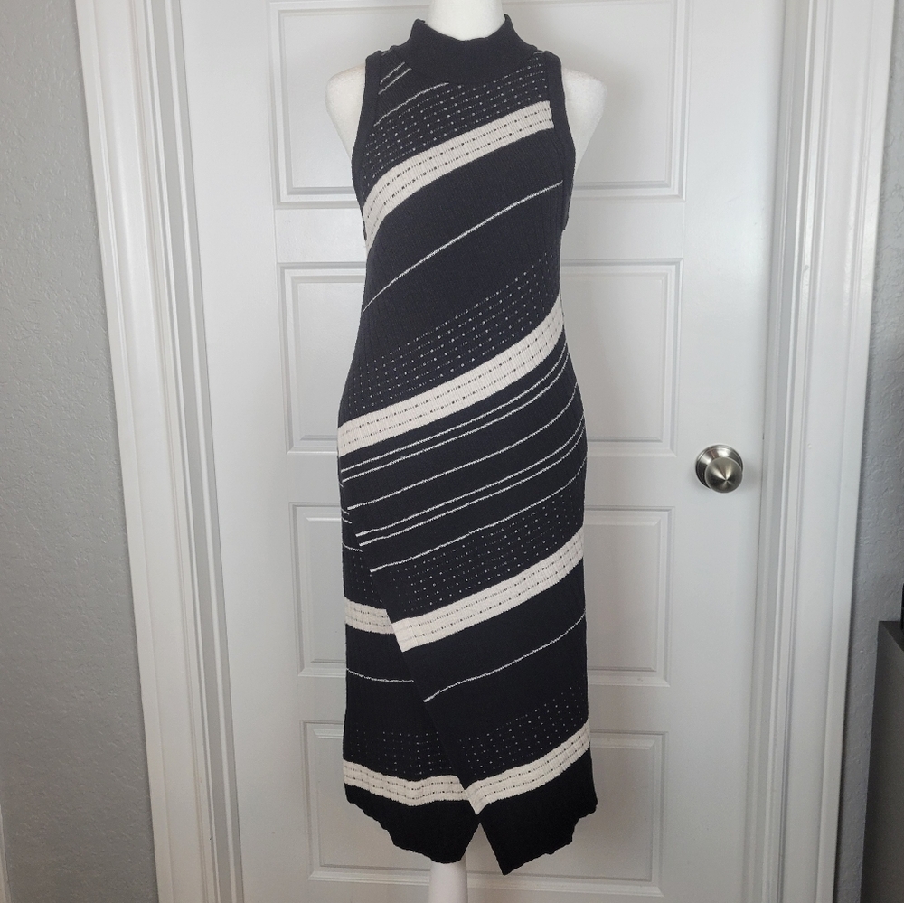Anthropologie Moth Velda Asymmetrical Hem Striped Mock Neck Midi Dress Size S - Picture 2 of 10